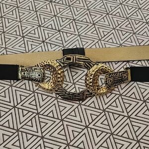 Chunky Hammered Gold Ornate Ethnic Waist Belt Black Leather Adjustable Slide S/M
